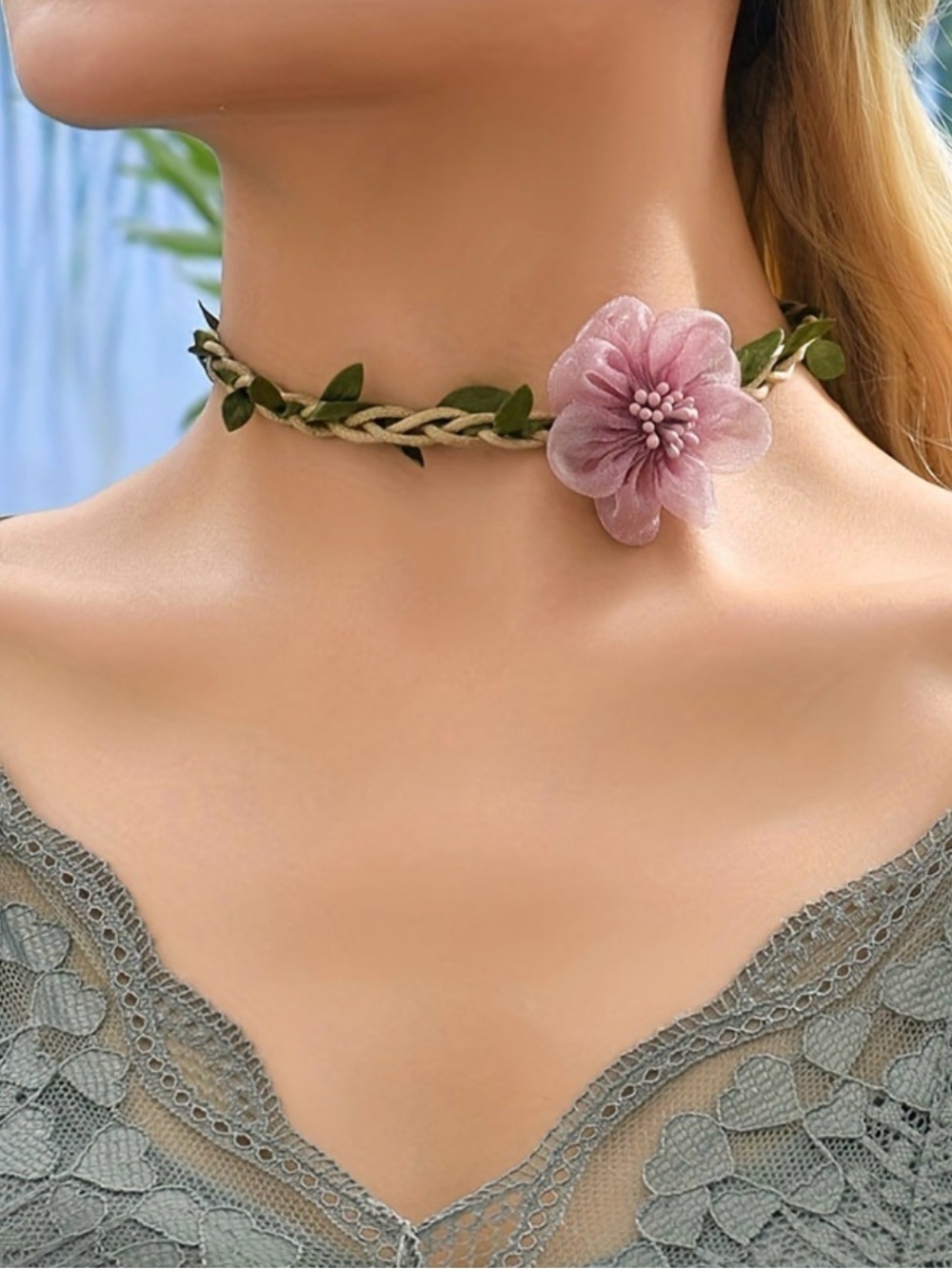 Handcrafted Pink Flower Choker Necklace with Braided Green Vine